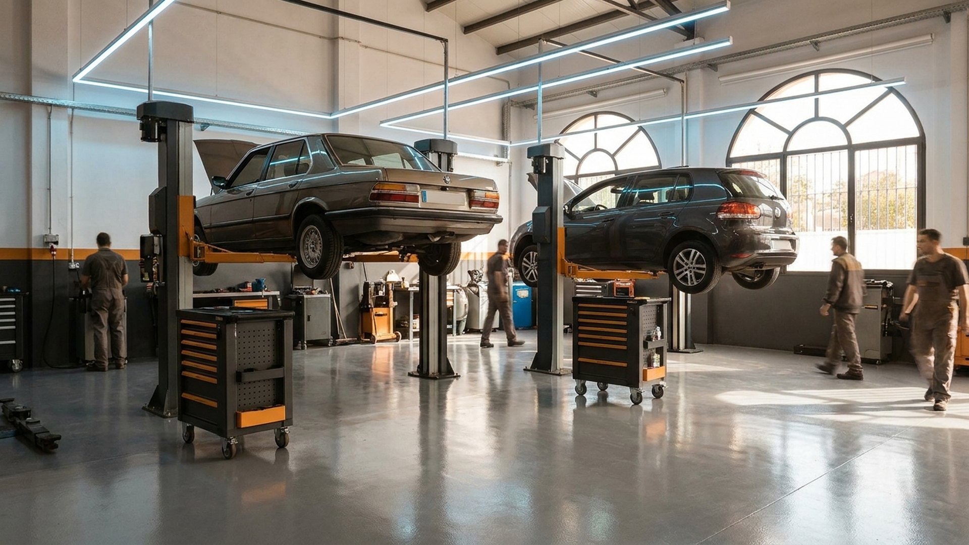 Interior del taller mecánico con vehículos en los elevadores