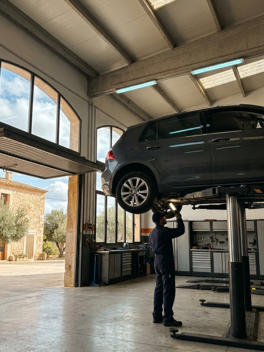 Coche sobre el elevador en el taller de Alaquàs