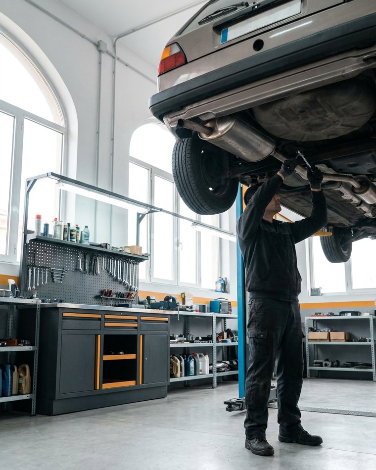 Trabajo en la línea de escape del coche